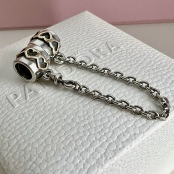 Pandora Gold & Silver Hearts Safety Chain-Like New - Picture 3 of 7